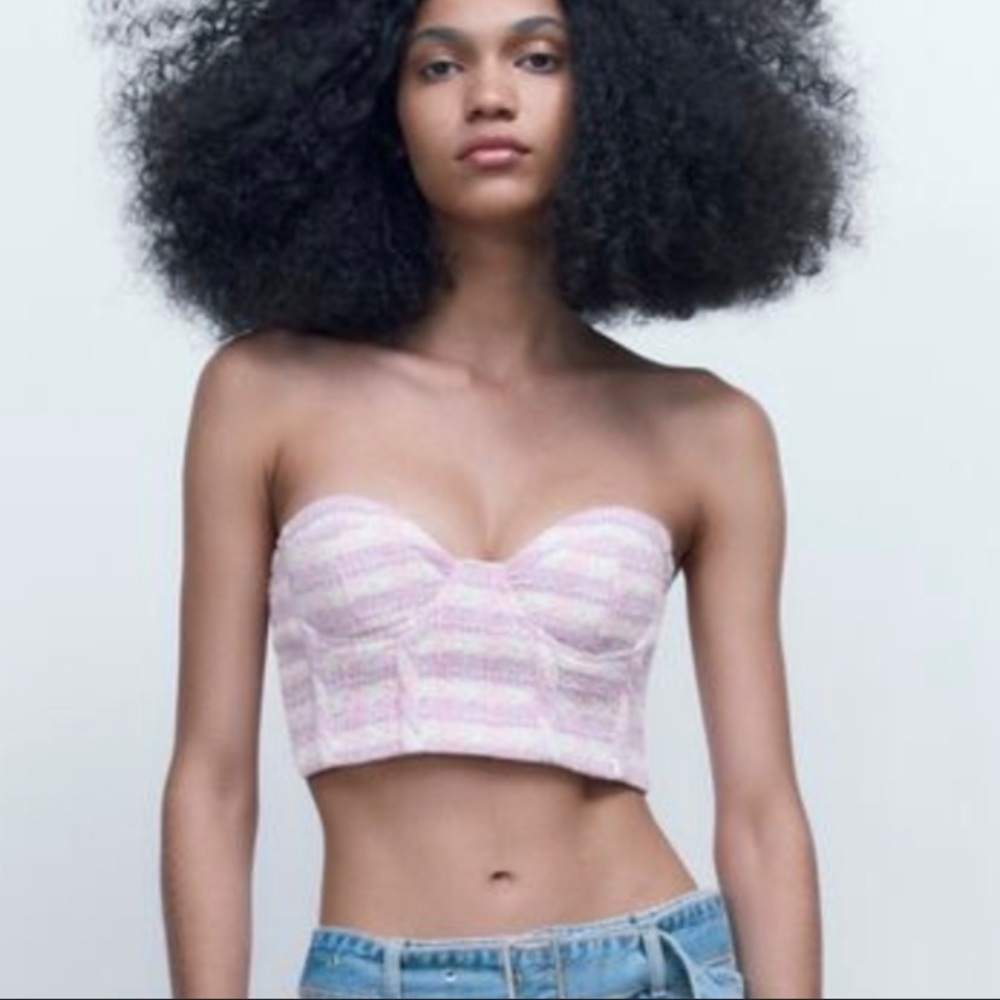 New Zara Tweed Bustier Crop Bra Top Pink & Purple Medium Short Strapless Spring